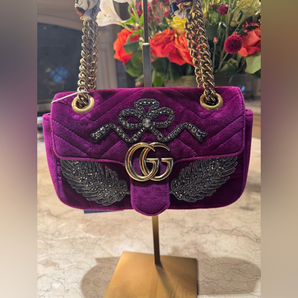 GUCCI Velvet Crystal Embellished GG Marmont Shoulder/Crossbody Bag